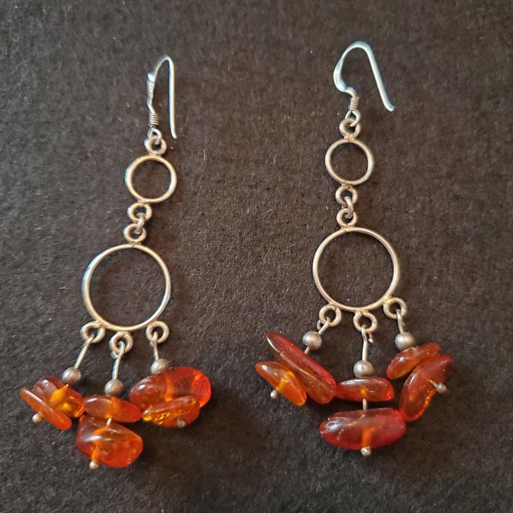 925 Silver & Genuine Amber Dangle Earrings - Picture 6 of 6